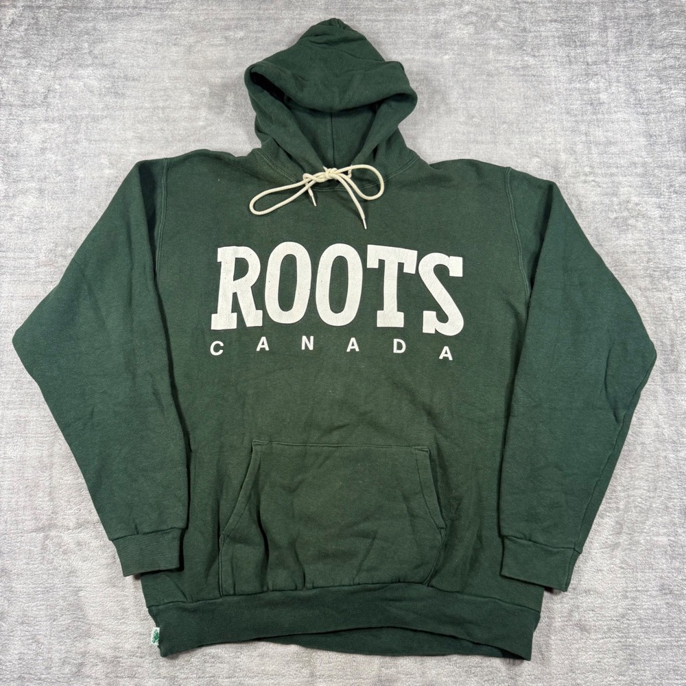 Roots Hoodie Mens XL Green Vintage 90s Heavy Canada Spell Out Sweatshirt